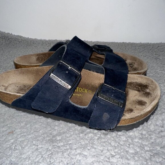 Birkenstock Arizona Shoes Womens Size 7 Navy Suede Sandals Two Strap Cork - Picture 6 of 7